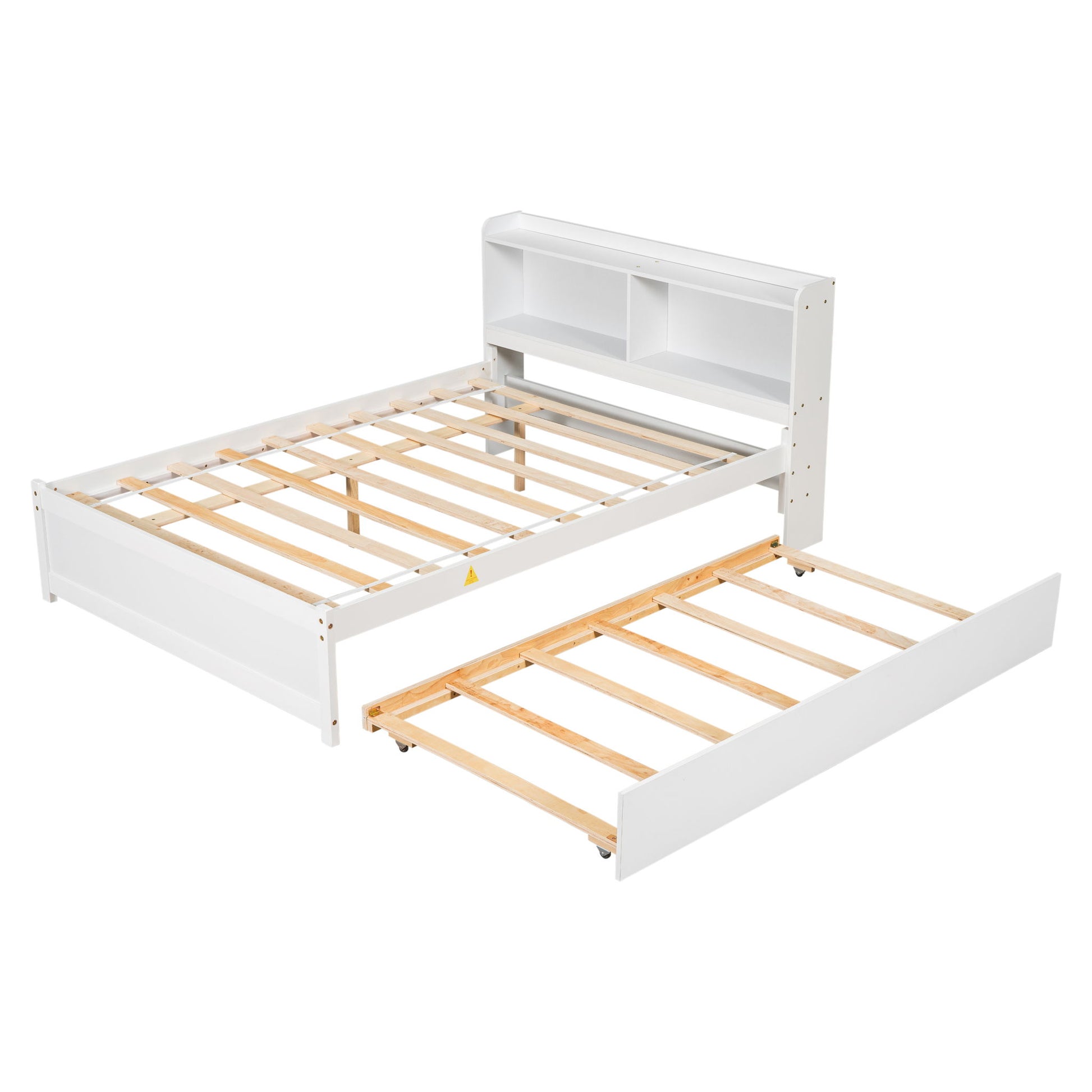 The Full Bed With Trundle, Bookcase features a white wooden frame with an integrated headboard bookshelf and a pull-out trundle beneath, both equipped with wooden slats for mattress support.