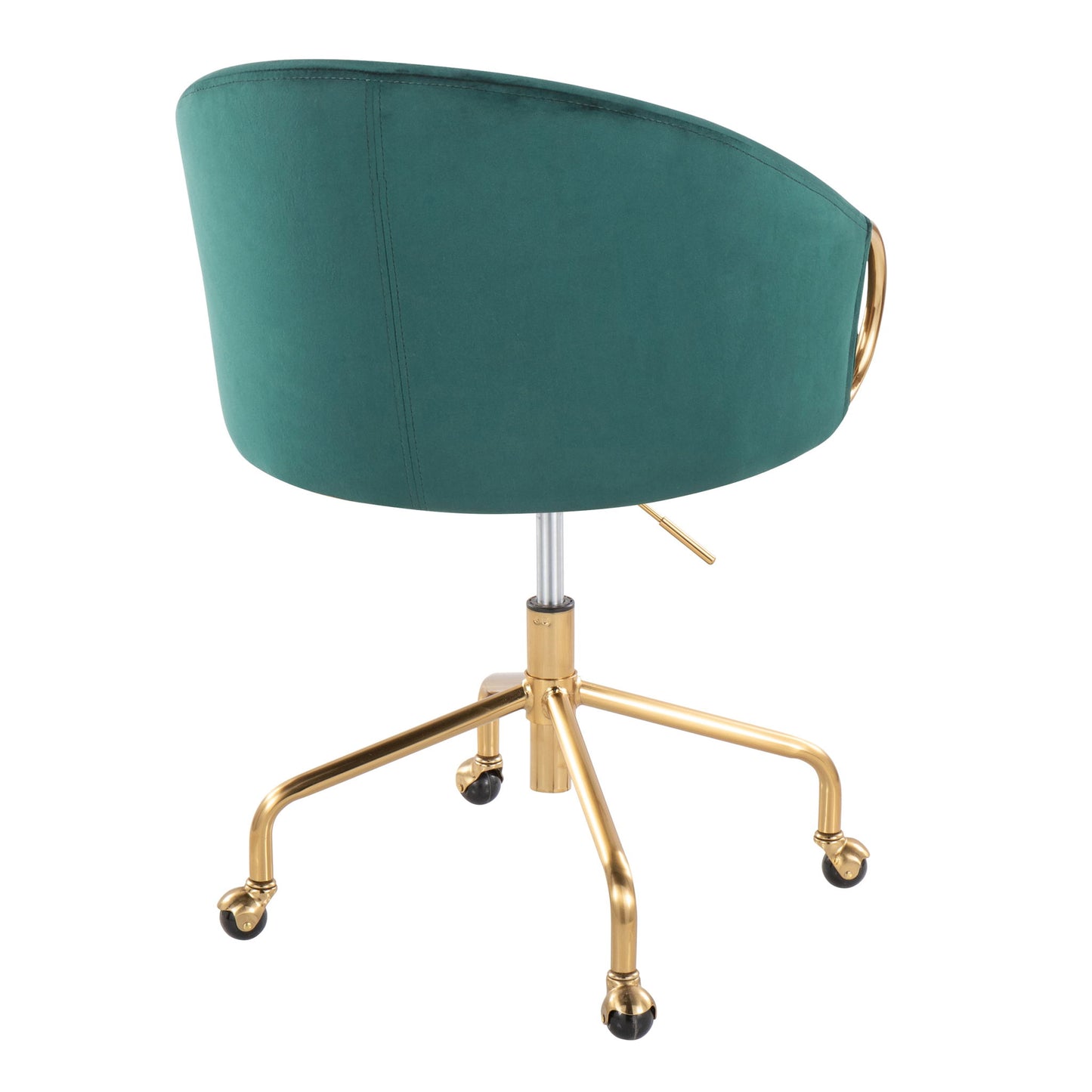 The Claire - Stylish Design Contemporary / Glam Task Chair features a curved green upholstered backrest, gold metal base with wheels, a visible lever for height adjustment, and a back handle, shown from behind.