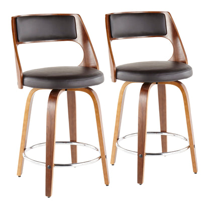 The Cecina Mid-Century Modern Counter Stools (set of 2) feature wooden frames, curved backrests, black cushioned seats, swivel design, and round chrome footrests, shown side by side on a white background.