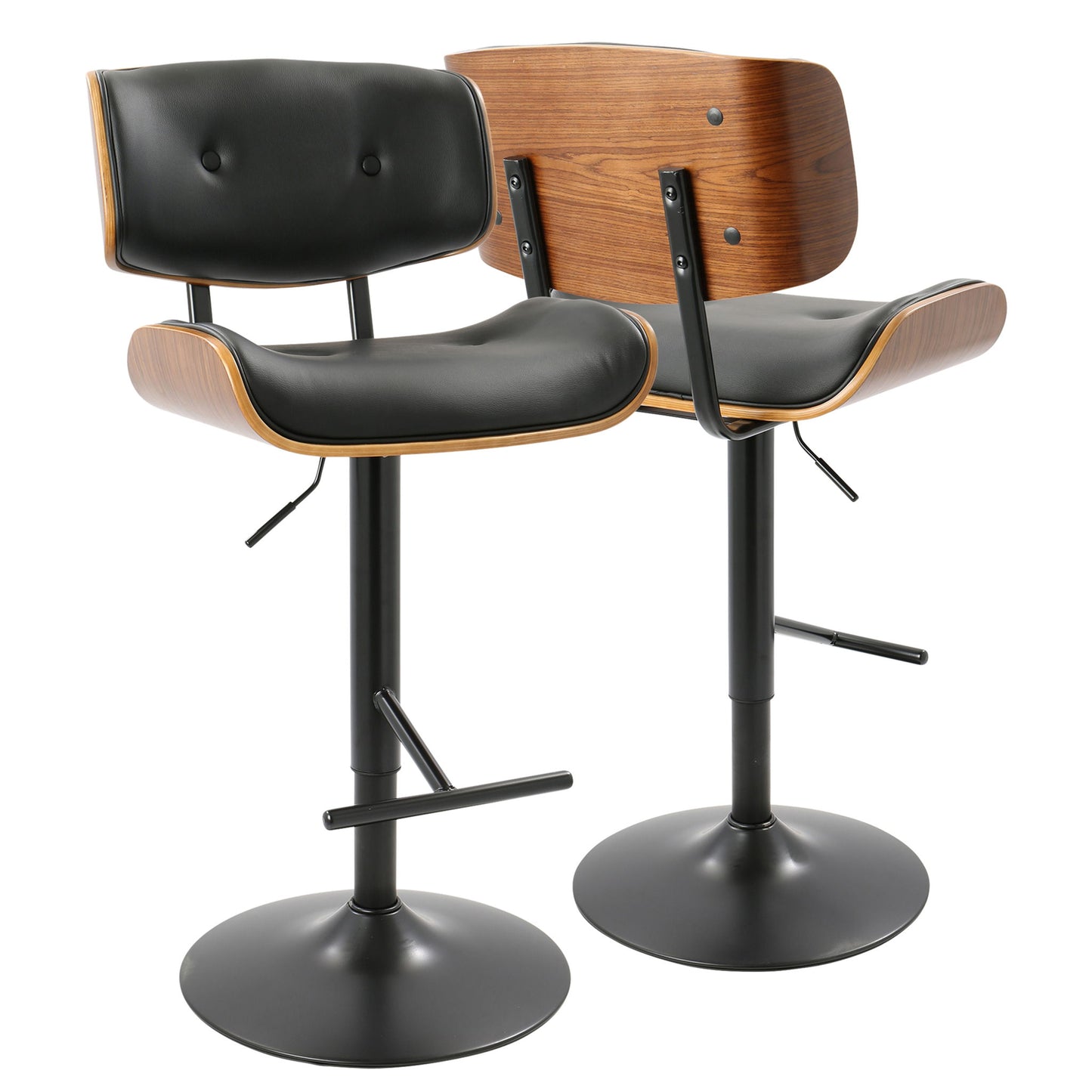 A pair of Lombardi Mid Century Modern Adjustable Barstools featuring black cushioned seats and backs, wood veneer accents, metal frames, round bases, and footrests set against a white background.