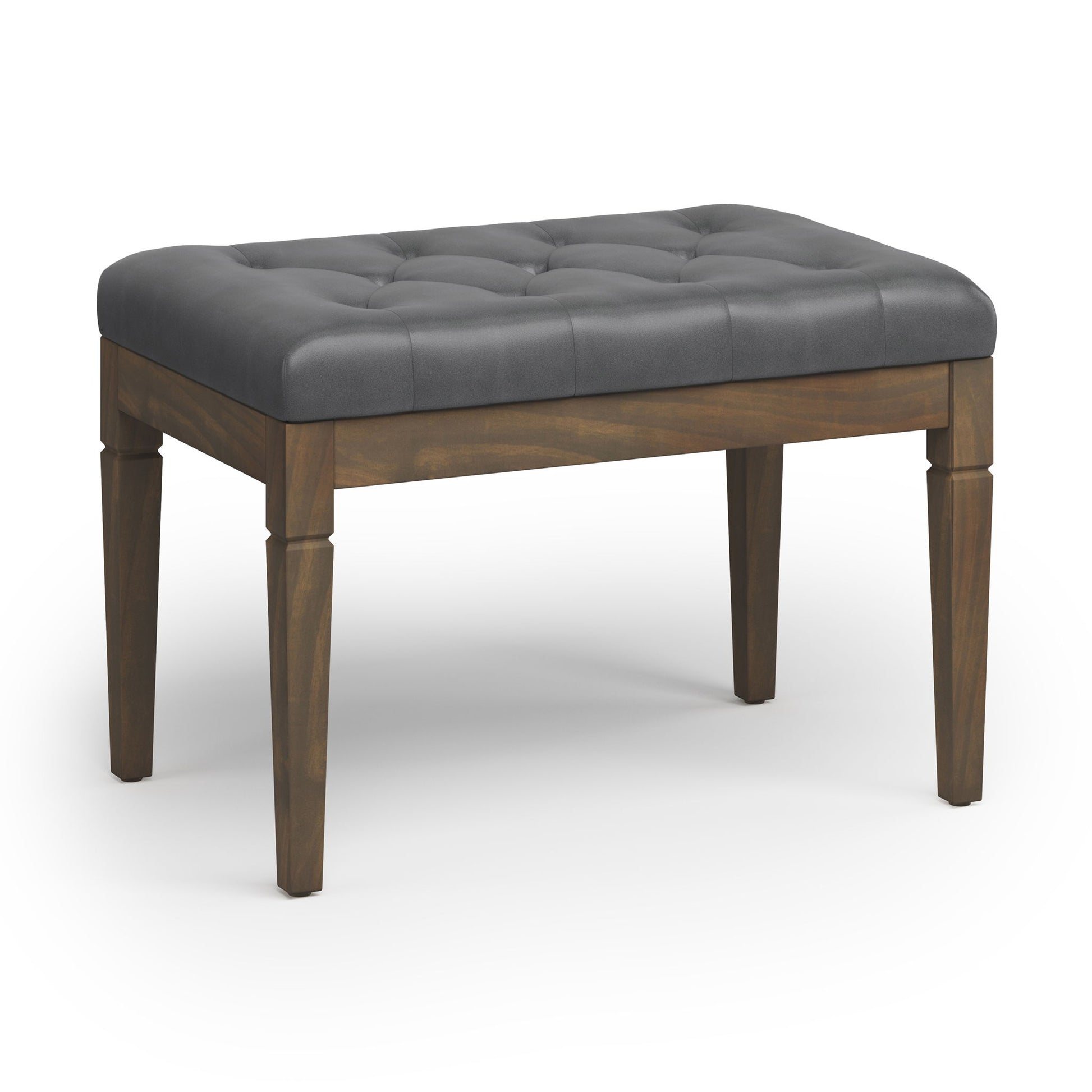 The Waverly Upholstered Tufted Ottoman Bench features a rectangular wooden frame, dark tufted cushioned seat, and four straight legs, shown against a white background.