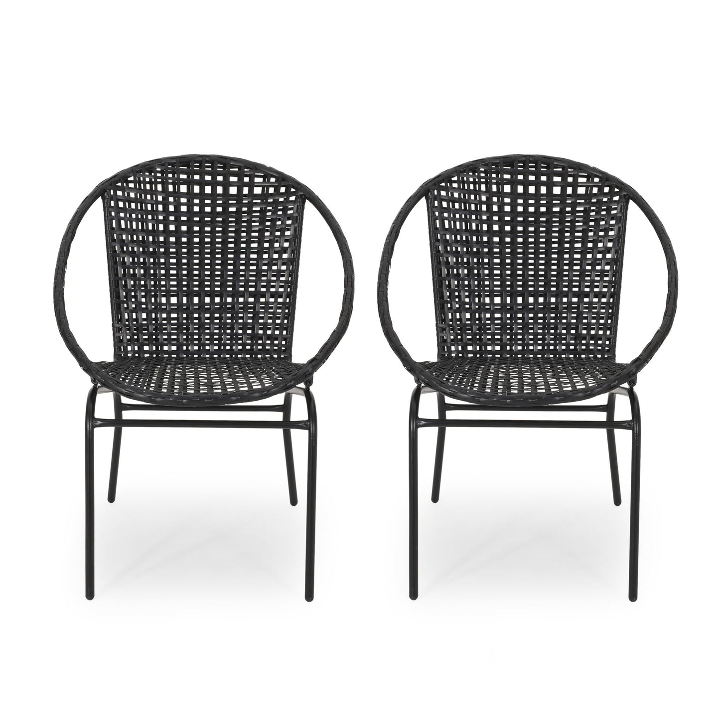 Two Java chairs with comfortable design, featuring black woven rattan, round backs, and metal legs, are placed side by side on a white background.