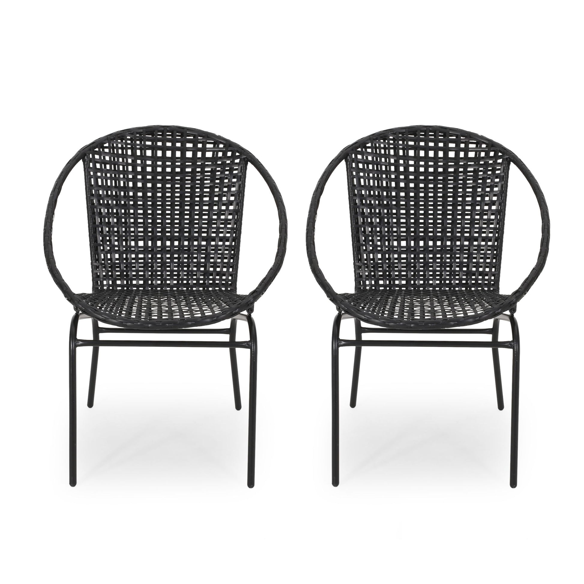 Two Java chairs with comfortable design, featuring black woven rattan, round backs, and metal legs, are placed side by side on a white background.