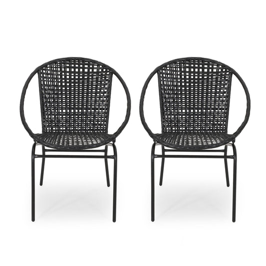 Two Java chairs with comfortable design, featuring black woven rattan, round backs, and metal legs, are placed side by side on a white background.