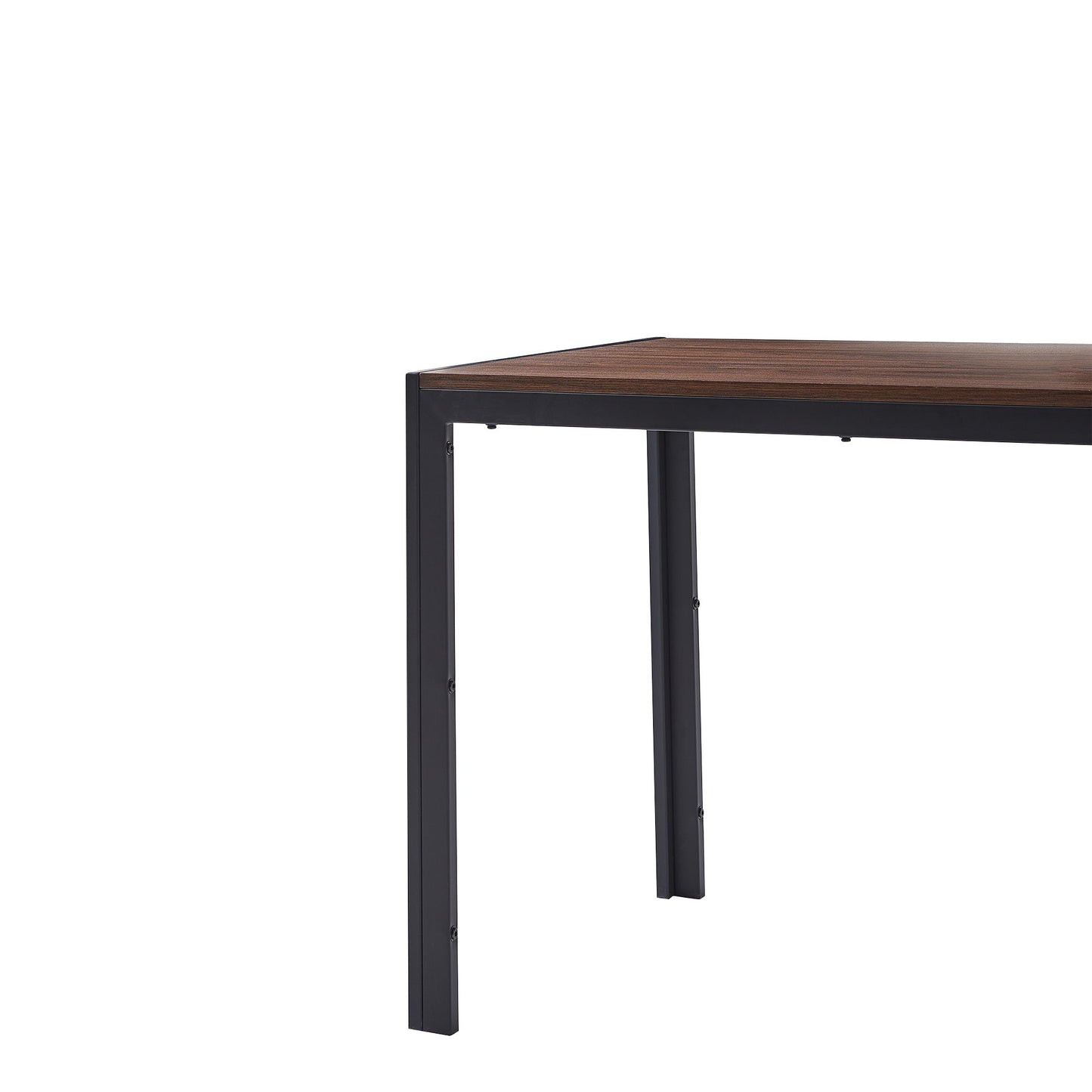 A close-up of the Creative Design Veneered MDF Wood Structure Rectangular Walnut Dining Table’s corner, featuring a dark walnut top and black metal legs, set against a white background.