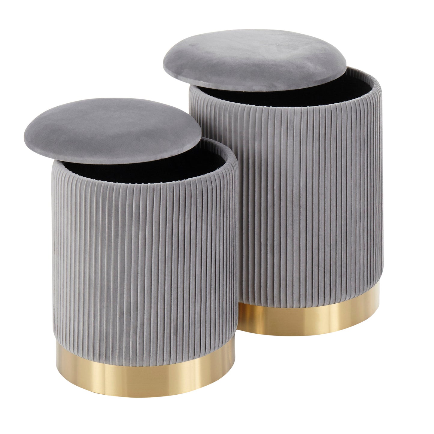 The Marla Contemporary Nesting Pleated Ottoman Set features two round grey ottomans with gold bases, removable cushioned lids for hidden storage, and stylish pleated sides. Both ottomans are shown side by side.