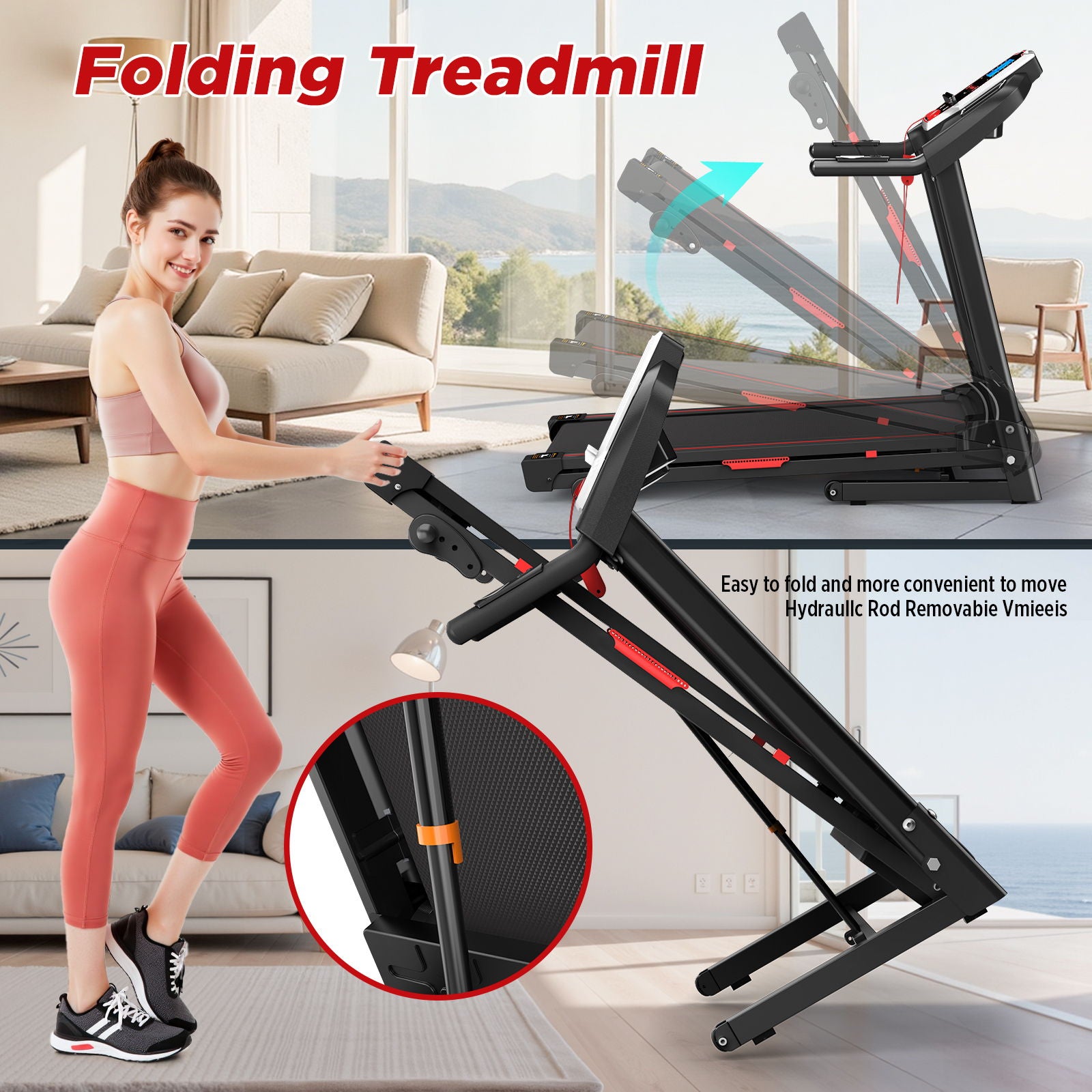 A woman in workout clothes stands next to the Folding Treadmills For Home—3.5HP portable, foldable with incline and wheels—for easy storage. The image highlights its hydraulic rod, 12 preset programs, and app compatibility for indoor workouts.
