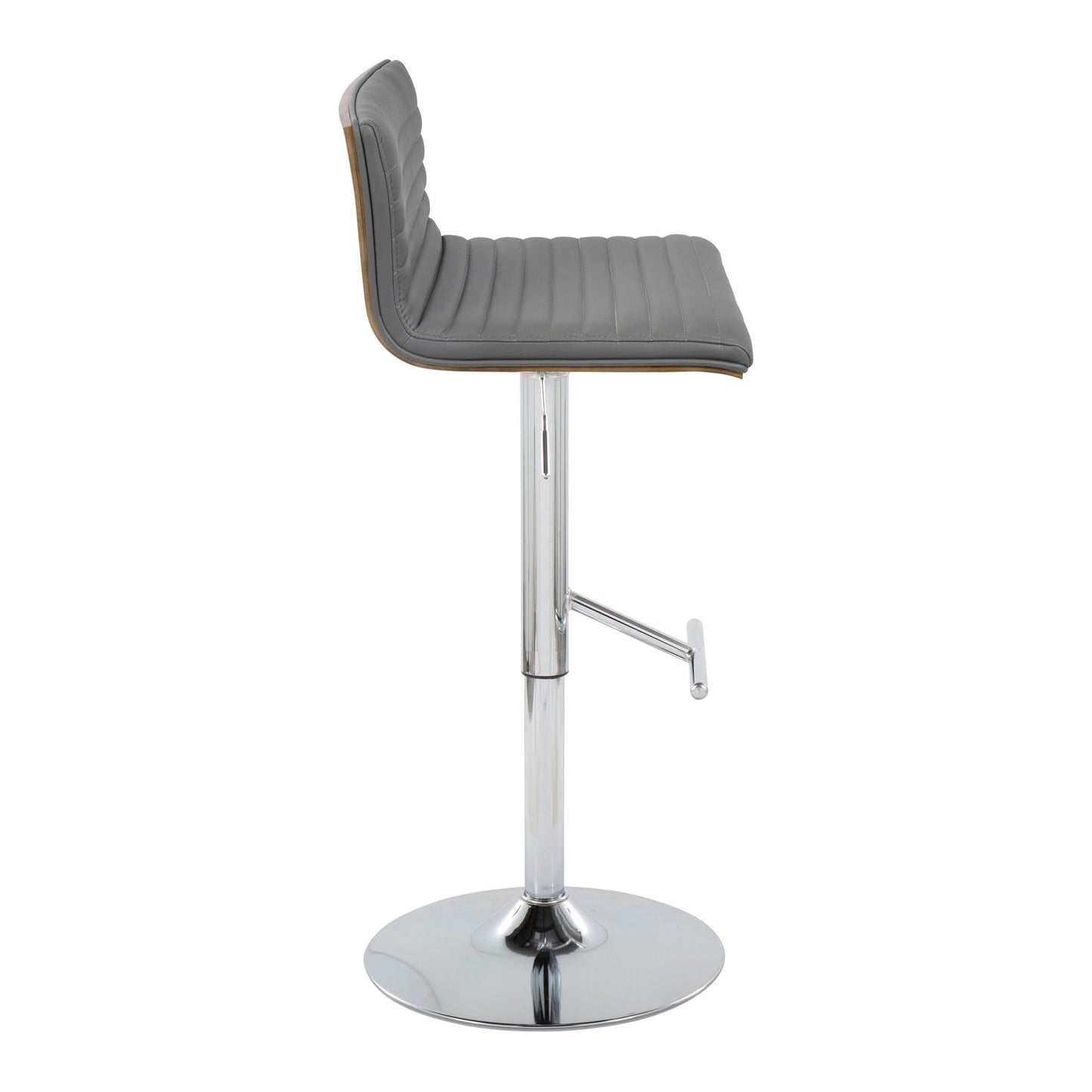 Side view of the Mason Contemporary Adjustable Barstool, featuring a padded gray seat and backrest, swivel function, chrome adjustable base, and a straight T footrest.