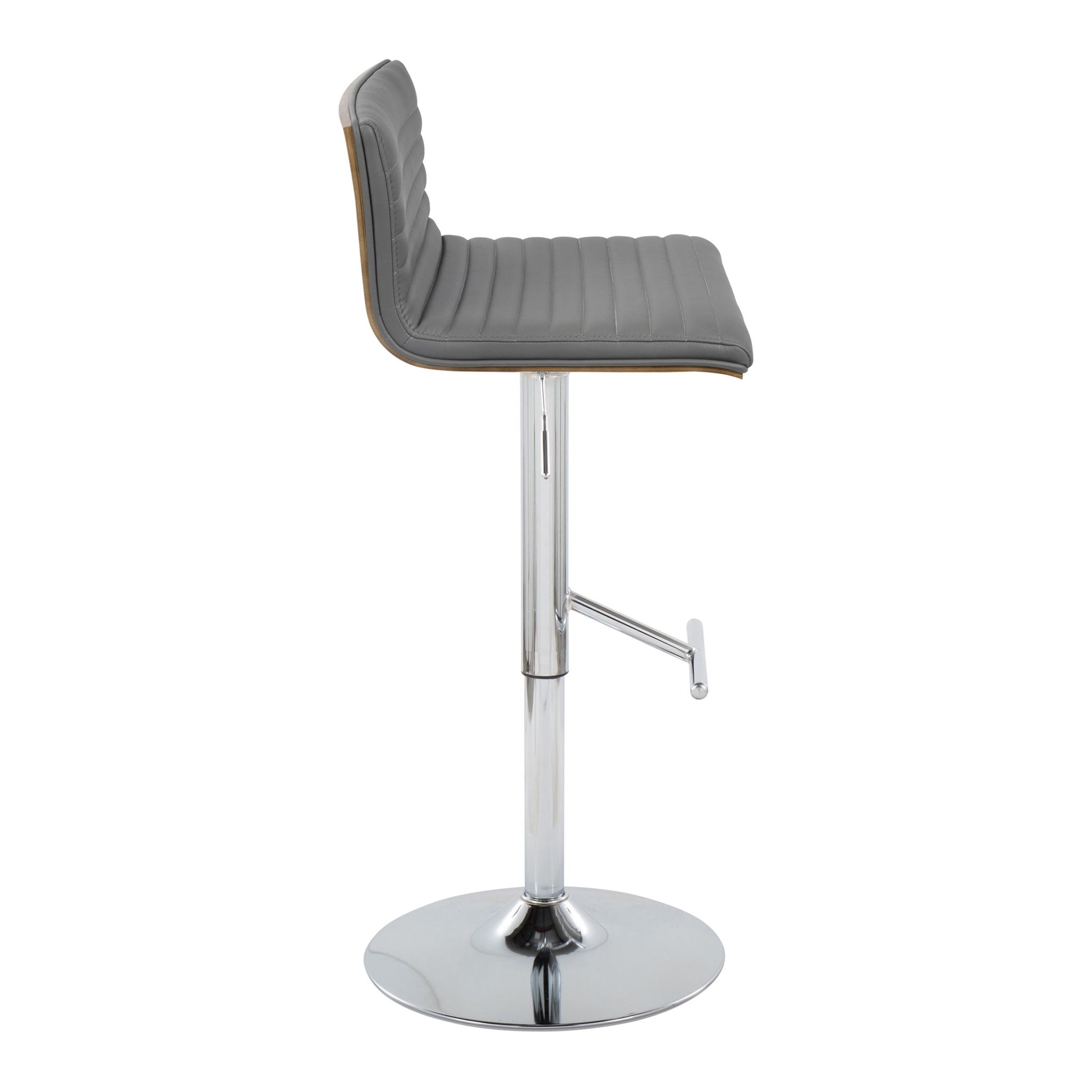 Side view of the Mason Contemporary Adjustable Barstool, featuring a padded gray seat and backrest, swivel function, chrome adjustable base, and a straight T footrest.