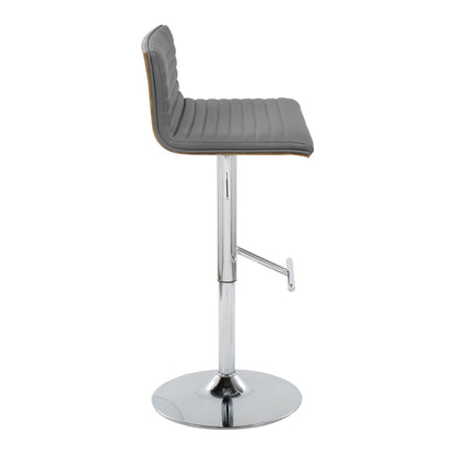 Side view of the Mason Contemporary Adjustable Barstool, featuring a padded gray seat and backrest, swivel function, chrome adjustable base, and a straight T footrest.