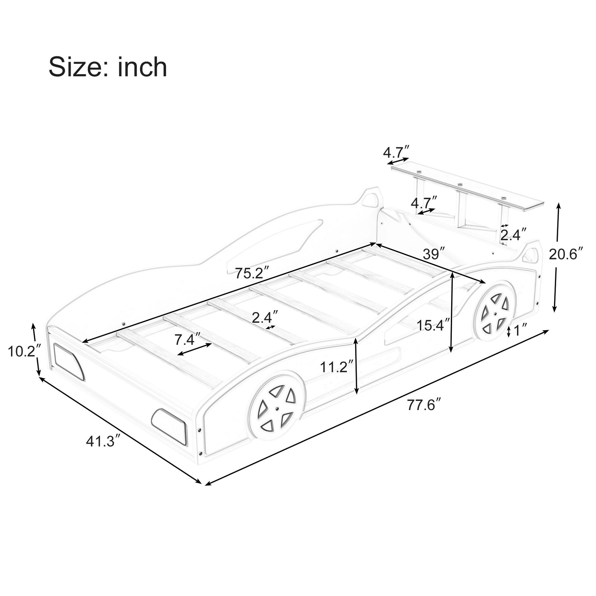 Line drawing of the Wooden Race Car Bed, a car-shaped twin platform bed with wheels for teens, showing detailed dimensions: length 77.6", width 41.3", plus various inner and outer height and width measurements for different parts of the bed.