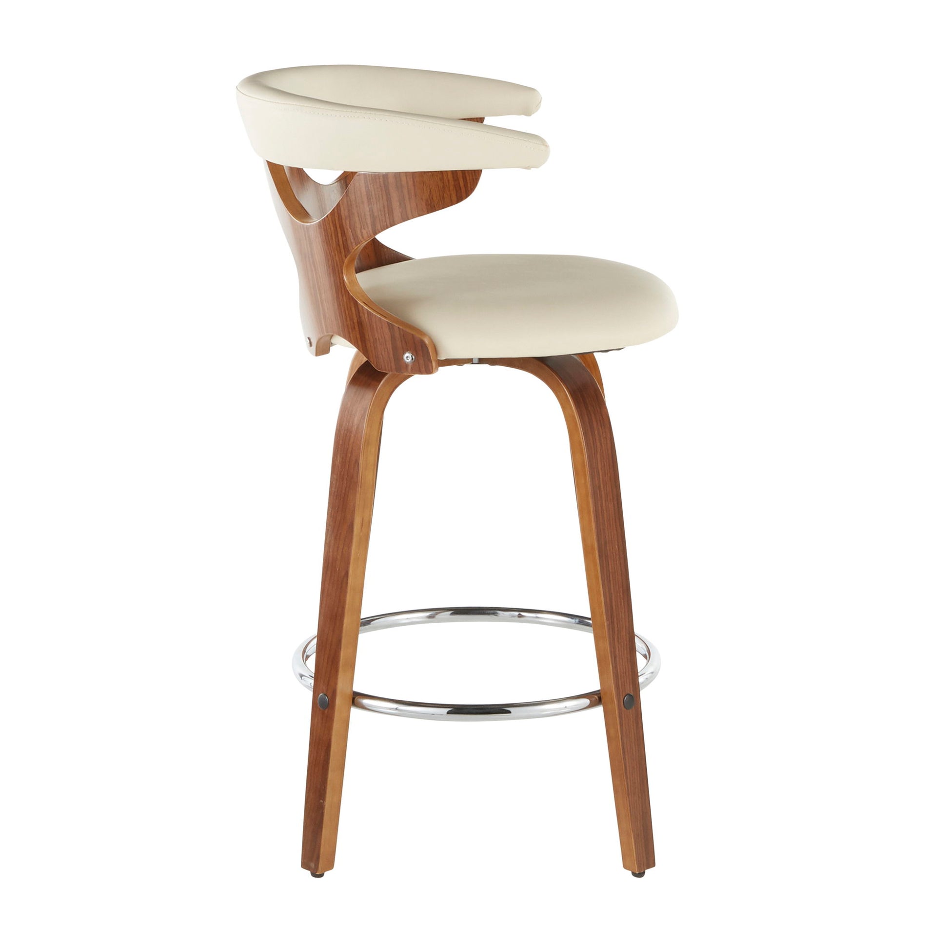 The Gardenia - Mid Century Modern Counter Stool (Set of 2) features a curved wooden backrest, light beige cushioned seat, and wooden legs with a circular chrome footrest, shown from the side.