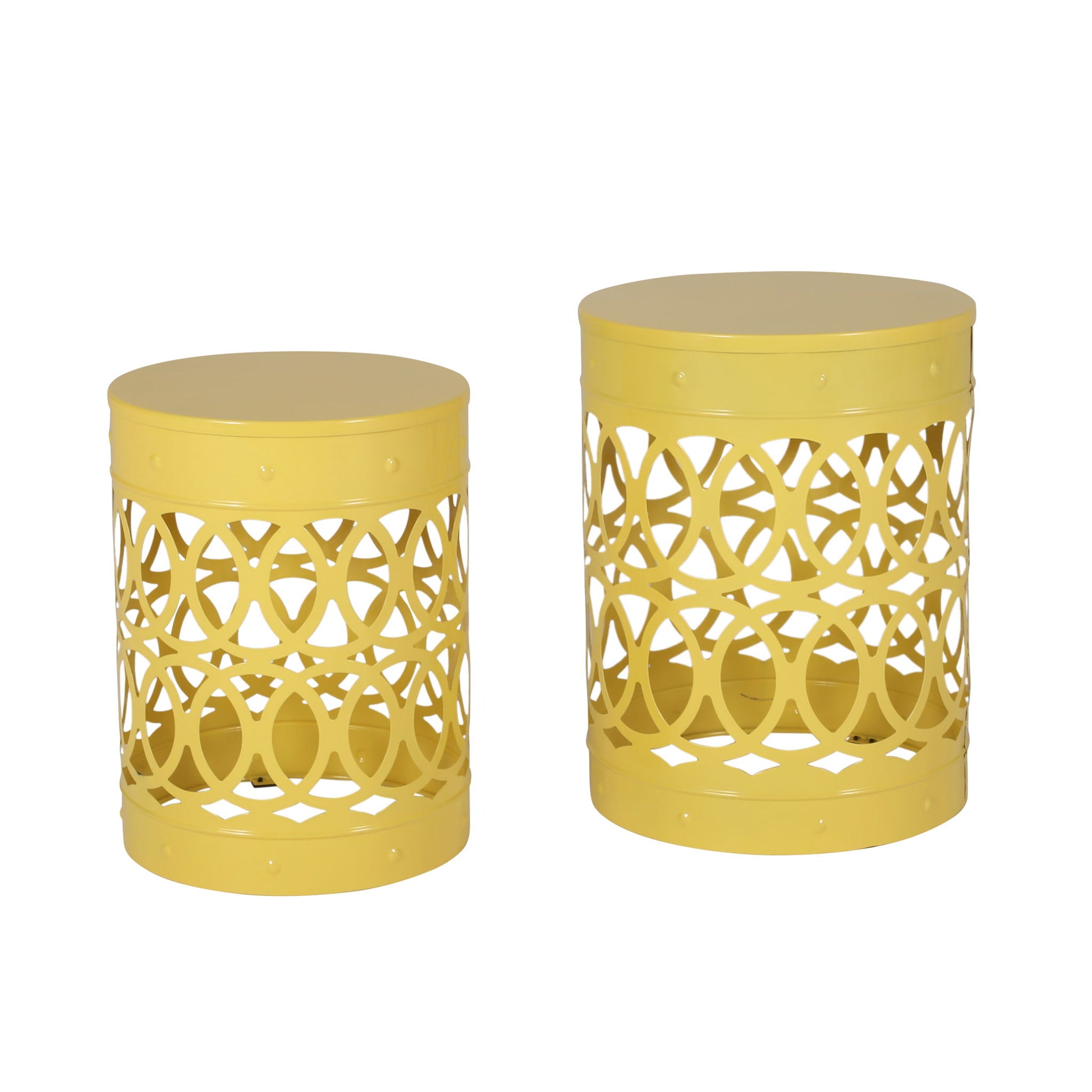 The Outdoor Metal S/2 End Table set features two yellow metal tables with circular tops and openwork geometric sides. One table is slightly taller and wider, both offering a modern decorative look for your space.
