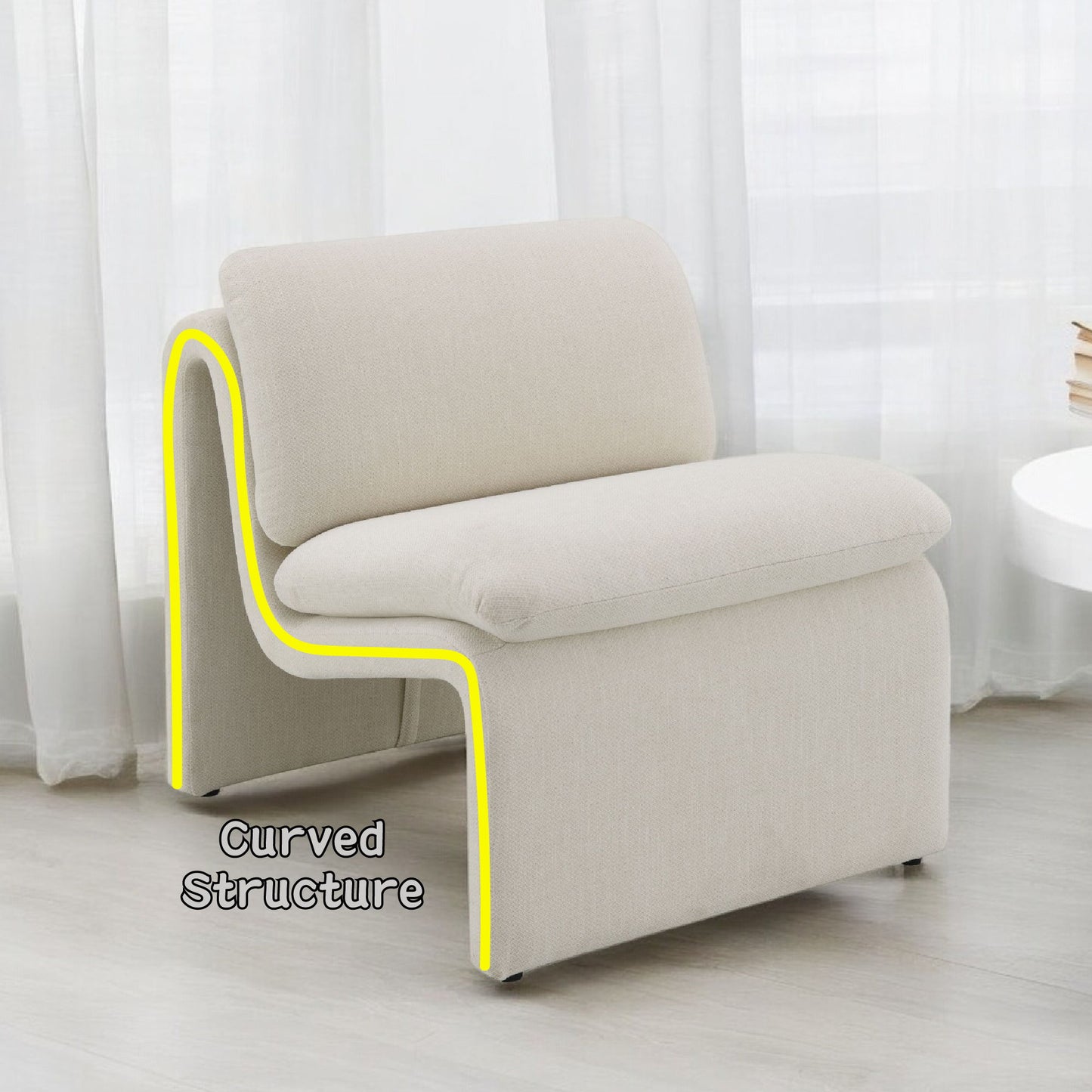The Jaeda - Innovative Elegance Accent Chair features a modern, light beige curved design with yellow accents. Placed in a bright room with sheer curtains, "Curved Structure" appears next to the chair.