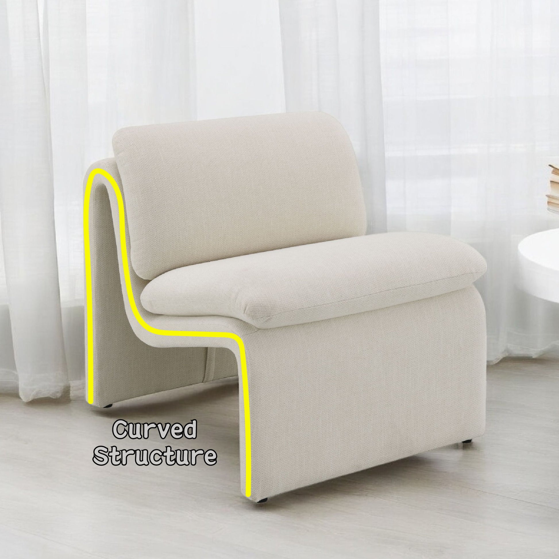 The Jaeda - Innovative Elegance Accent Chair features a modern, light beige curved design with yellow accents. Placed in a bright room with sheer curtains, "Curved Structure" appears next to the chair.