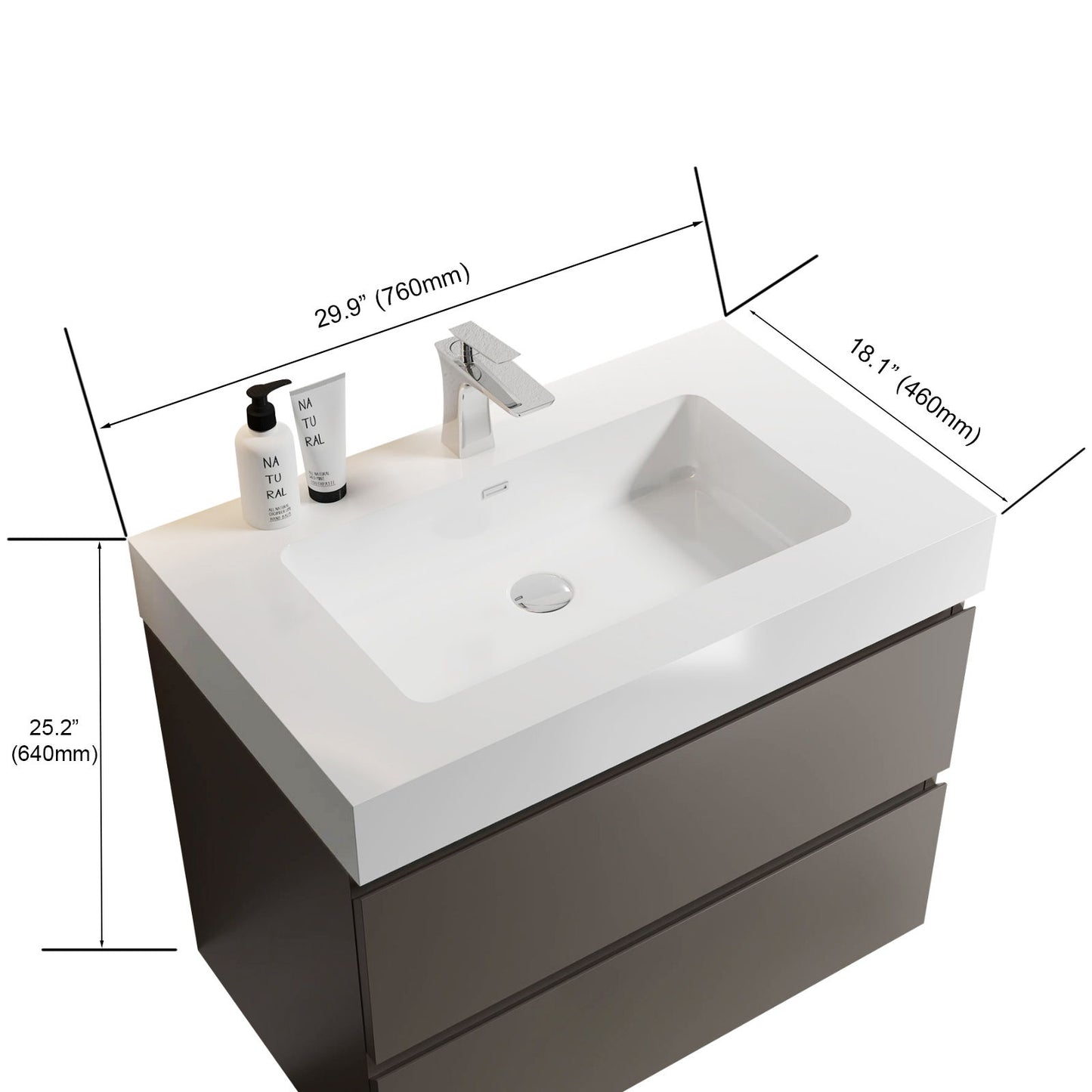 Alice wall-mounted bathroom vanity with a one-piece rectangular sink basin, white countertop, and two storage drawers. Measures 29.9" W x 18.1" D x 25.2" H. Faucet and drain not included; modern design suited for any bathroom.