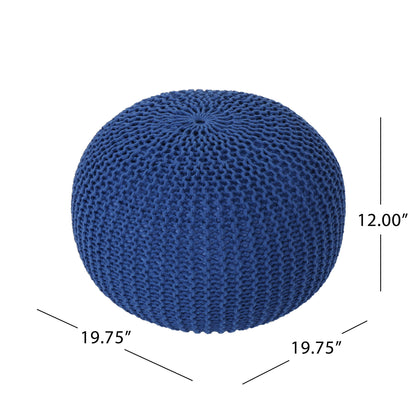 The Bordeaux Knitted Cotton Round Pouf is a blue pouf with a textured surface, measuring 19.75" in diameter and 12" high. Width, depth, and height are labeled for reference; can be used as an ottoman or floor cushion.