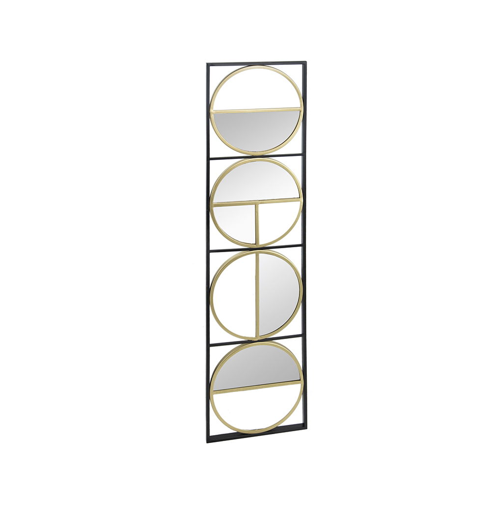 The Eclectic Styling Metal Beaded Wall Mirror features a black frame with four round mirrors, each bordered in gold and separated by gold lines, creating a geometric look for bedrooms, living rooms, or entryways.