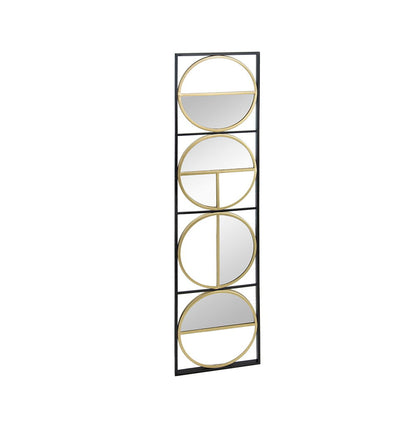The Eclectic Styling Metal Beaded Wall Mirror features a black frame with four round mirrors, each bordered in gold and separated by gold lines, creating a geometric look for bedrooms, living rooms, or entryways.