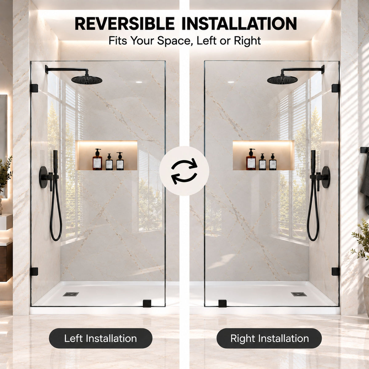 Frameless Bathtub Shower Screen, Reversible Installation