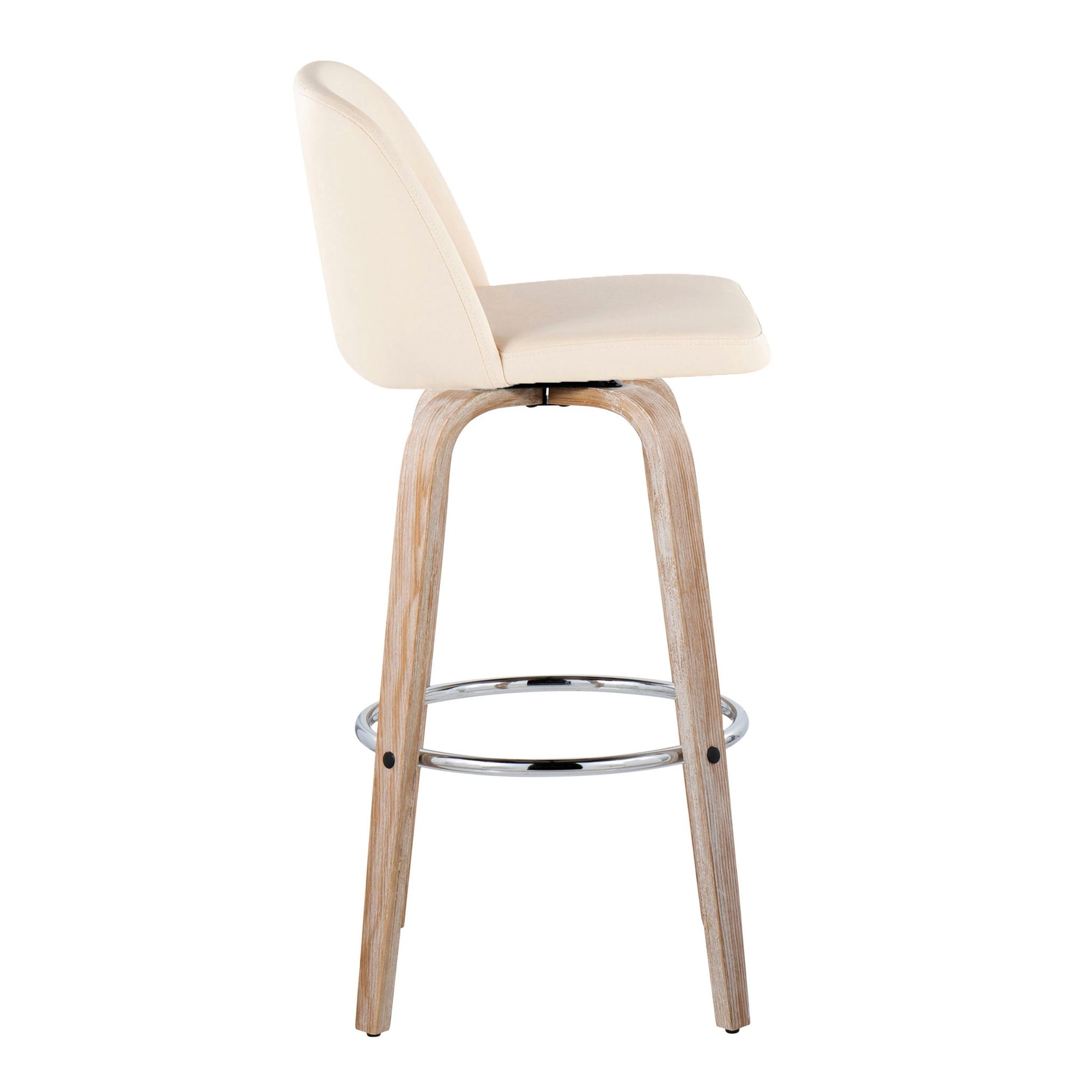 Side view of the Toriano Contemporary Fixed Height Barstool with swivel, featuring a curved light beige cushioned seat, wooden legs, and a round chrome footrest (set of 2).