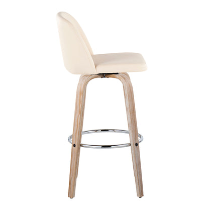 Side view of the Toriano Contemporary Fixed Height Barstool with swivel, featuring a curved light beige cushioned seat, wooden legs, and a round chrome footrest (set of 2).