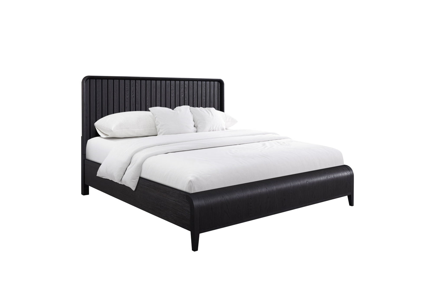 The Waterfall Panel Bed features a dark wooden frame and headboard, styled with crisp white bedding, pillows, and a blanket, set against a plain white background.