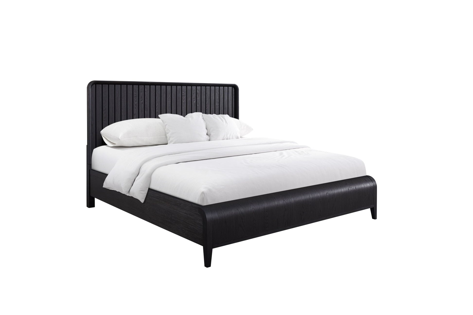 The Waterfall Panel Bed features a dark wooden frame and headboard, styled with crisp white bedding, pillows, and a blanket, set against a plain white background.