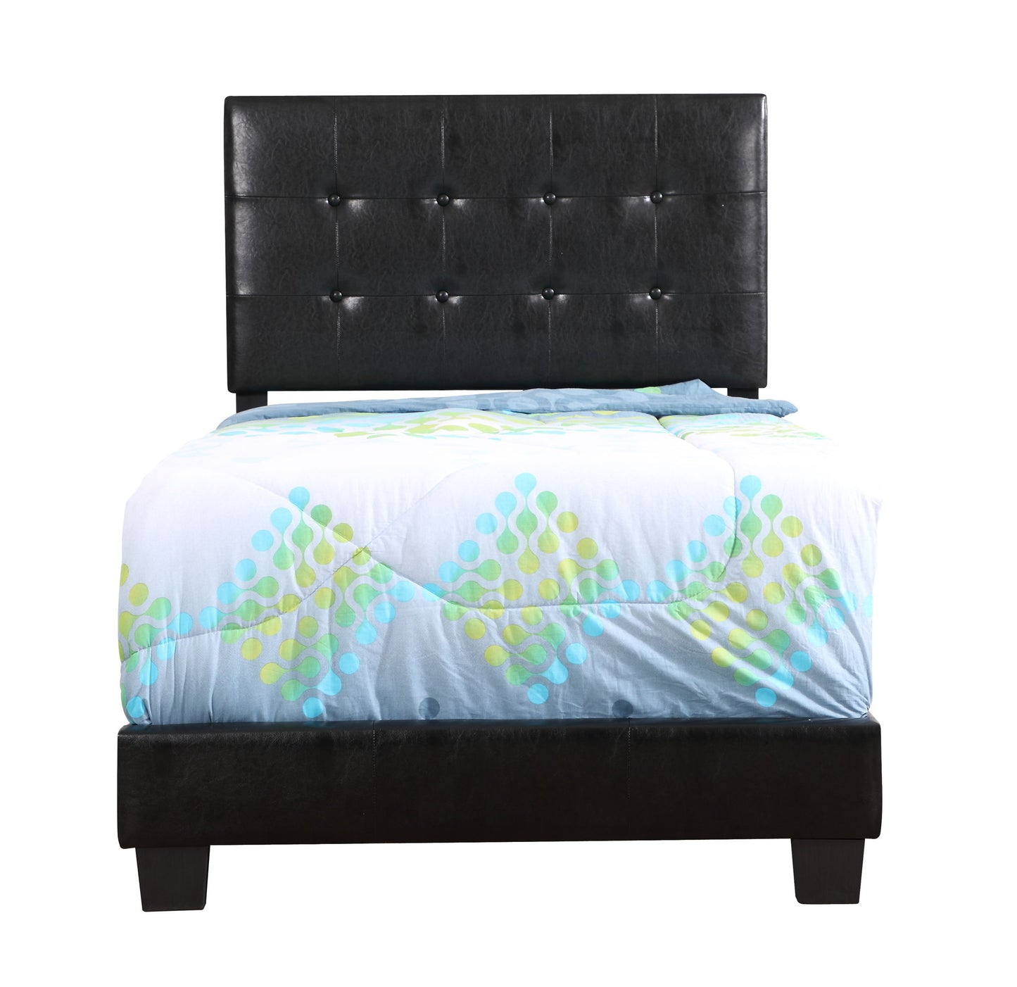 The Caldwell - Bed is a twin-size bed with a black tufted headboard and footboard, paired with a light blue comforter that has green and blue geometric patterns.