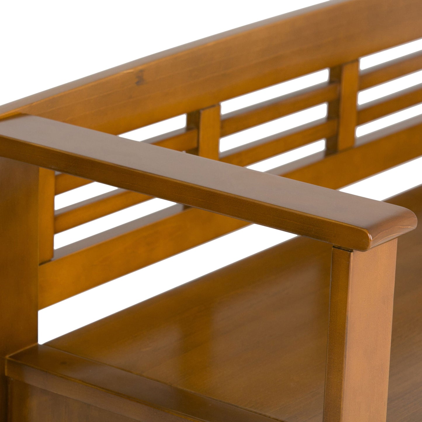 Close-up of the Adams Entryway Storage Bench Handcrafted, featuring a warm brown color, smooth polished finish, and simple slatted design with backrest and armrest.