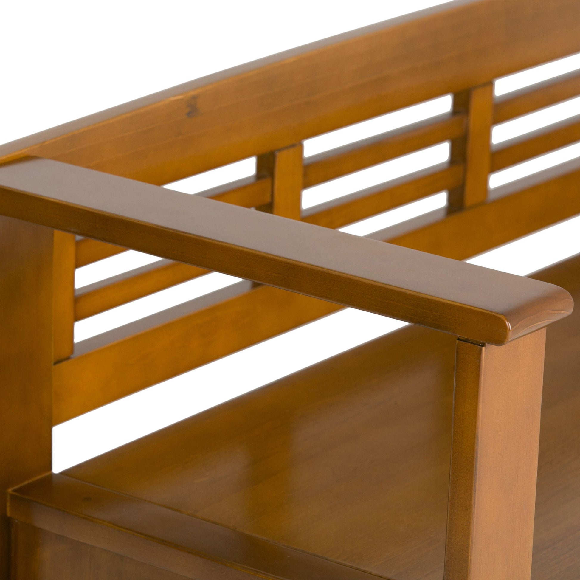 Close-up of the Adams Entryway Storage Bench Handcrafted, featuring a warm brown color, smooth polished finish, and simple slatted design with backrest and armrest.
