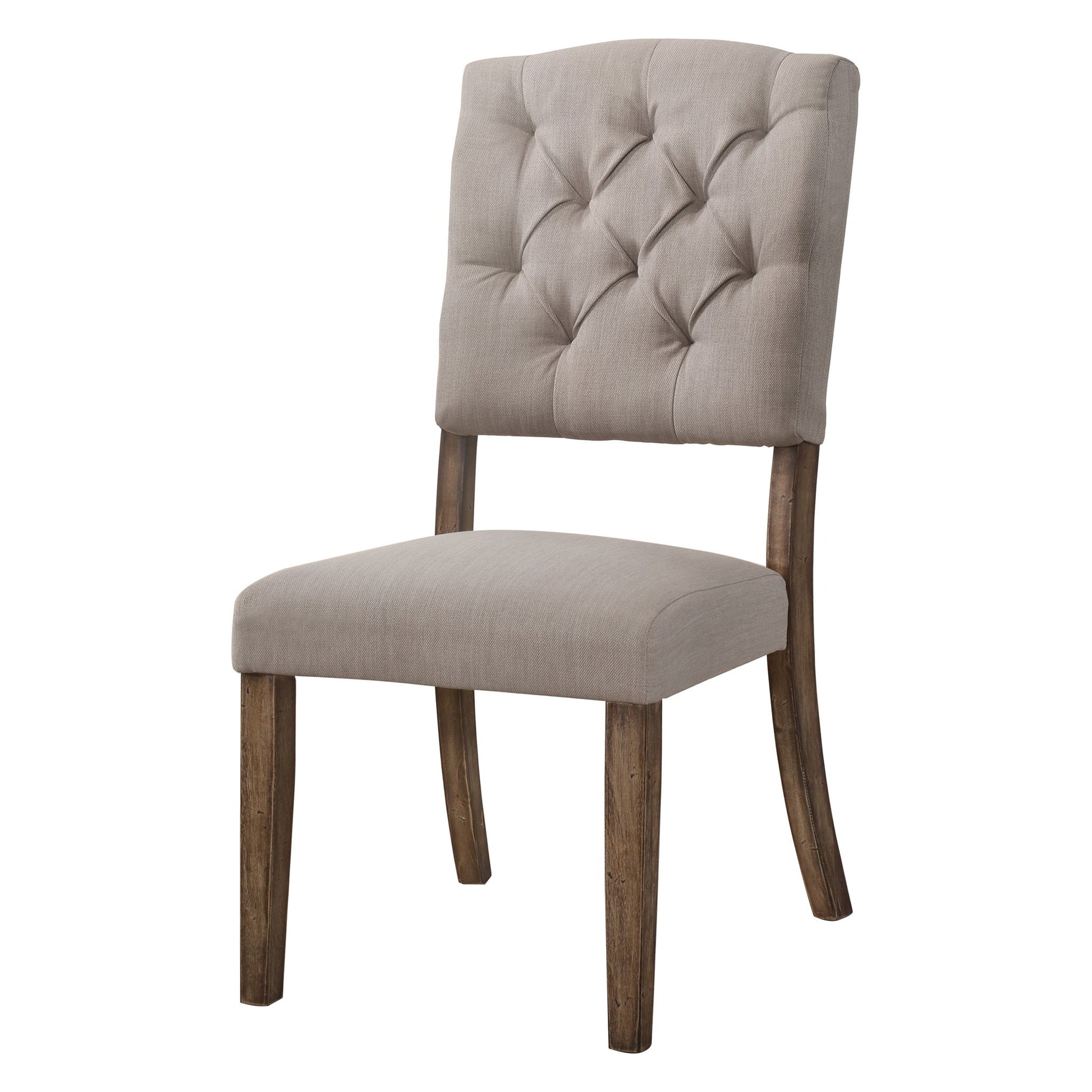 The Bernard - Weathered Side Chair (Set of 2) features a beige upholstered seat, tufted backrest, and wooden legs for a simple, modern dining look.