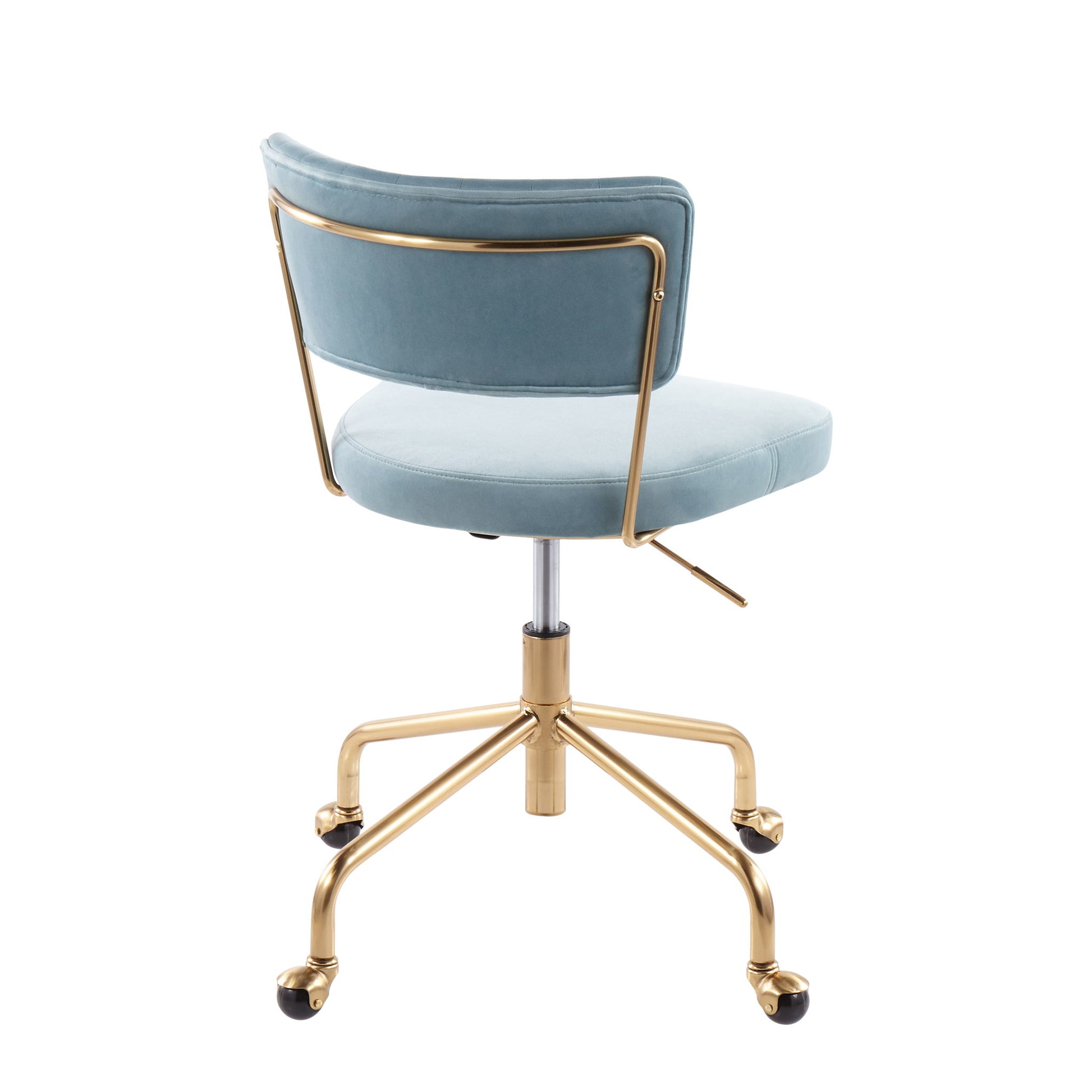 The Tania - Contemporary Task Chair features a light blue velvet cushion, gold metal frame, and five-wheel gold base, displayed from the back on a white background.