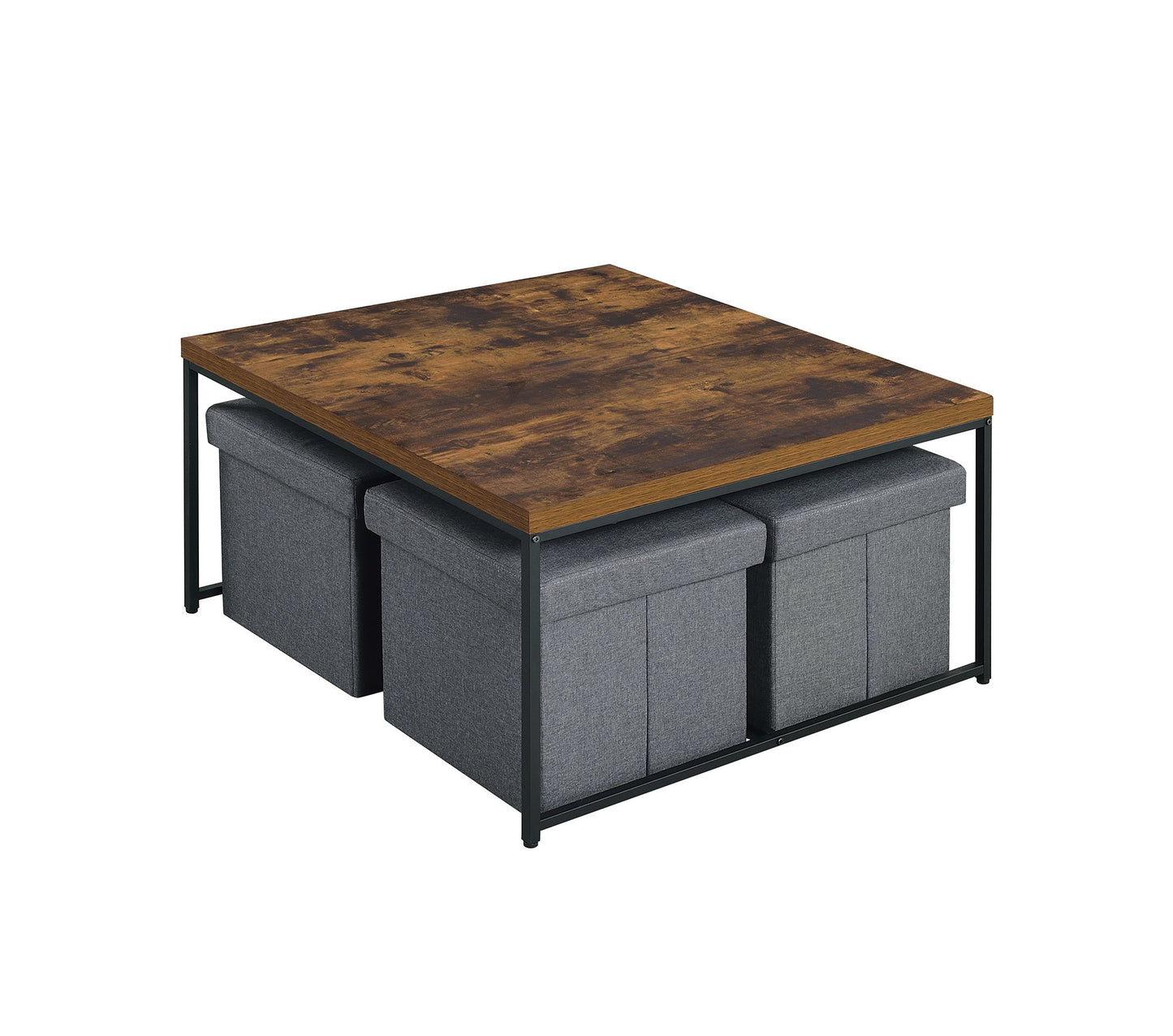 Caitlin - Wood Grain 5 Piece Coffee Table set features a rustic wood top, black metal frame, and four gray upholstered storage ottomans neatly tucked underneath.