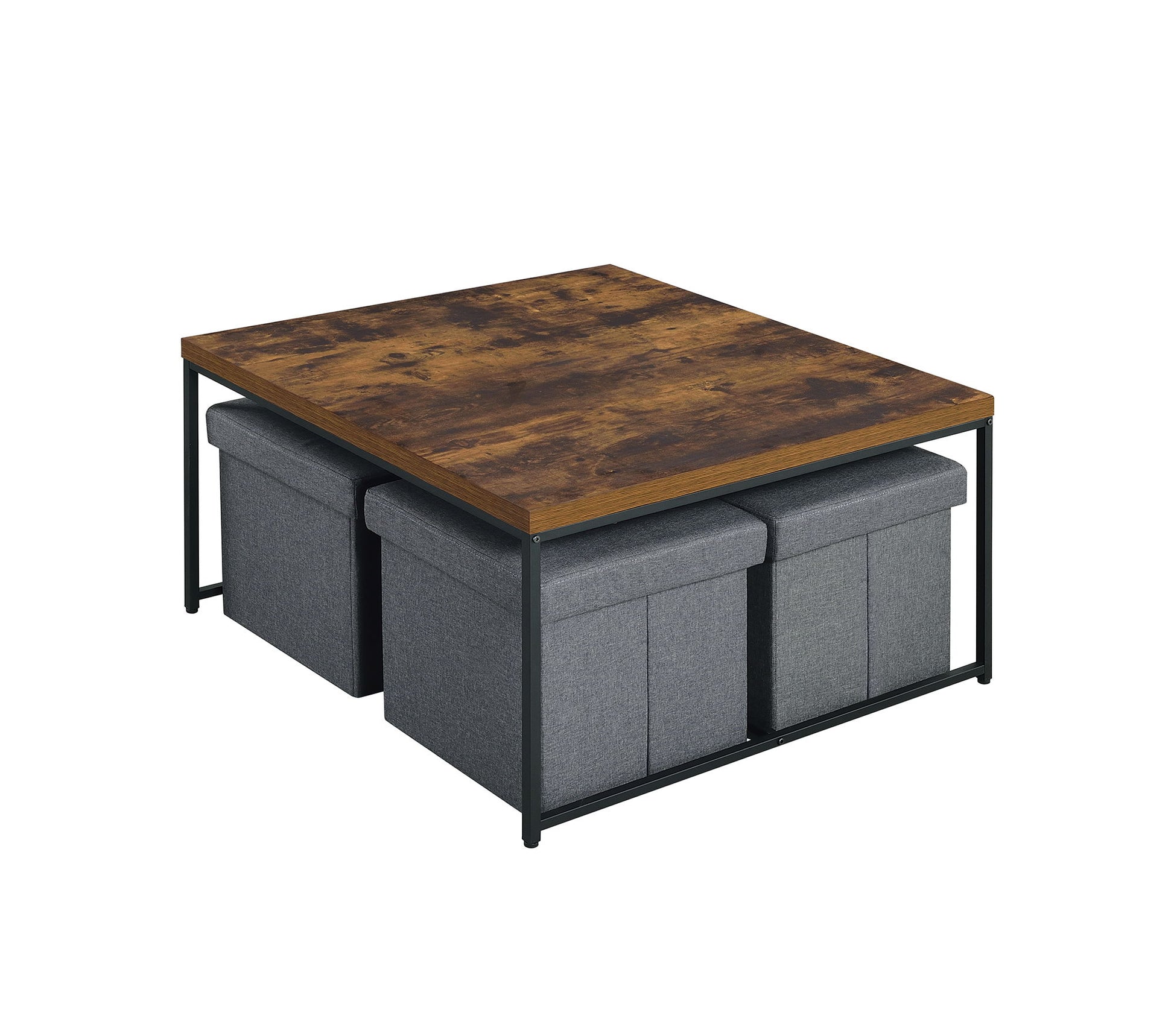 Caitlin - Wood Grain 5 Piece Coffee Table set features a rustic wood top, black metal frame, and four gray upholstered storage ottomans neatly tucked underneath.
