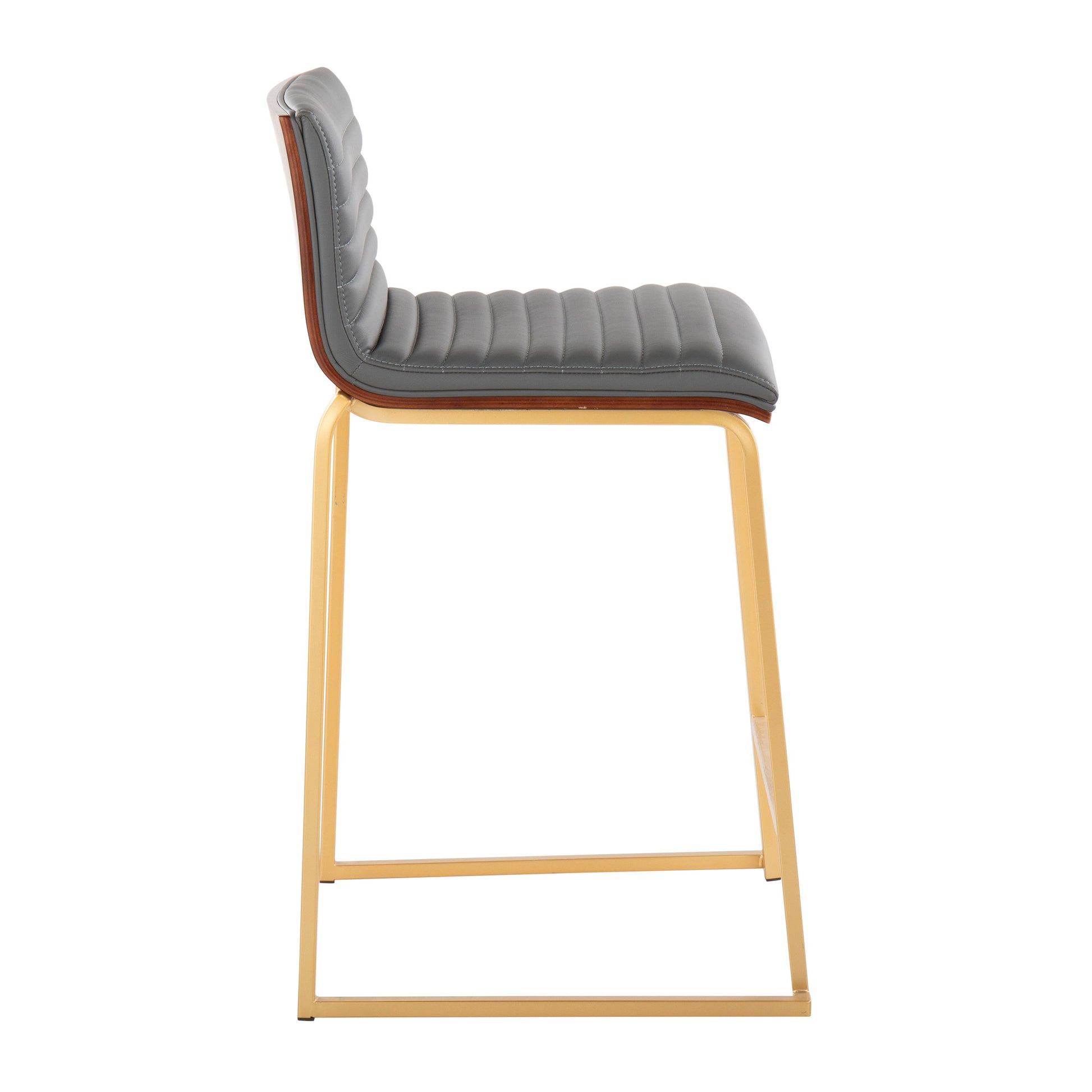 The Mason Mara counter stool set includes two contemporary fixed-height stools with dark gray quilted leather seats, gold-toned metal frames, minimalist design, footrests, and shown from the side.
