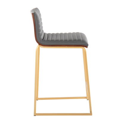 The Mason Mara counter stool set includes two contemporary fixed-height stools with dark gray quilted leather seats, gold-toned metal frames, minimalist design, footrests, and shown from the side.