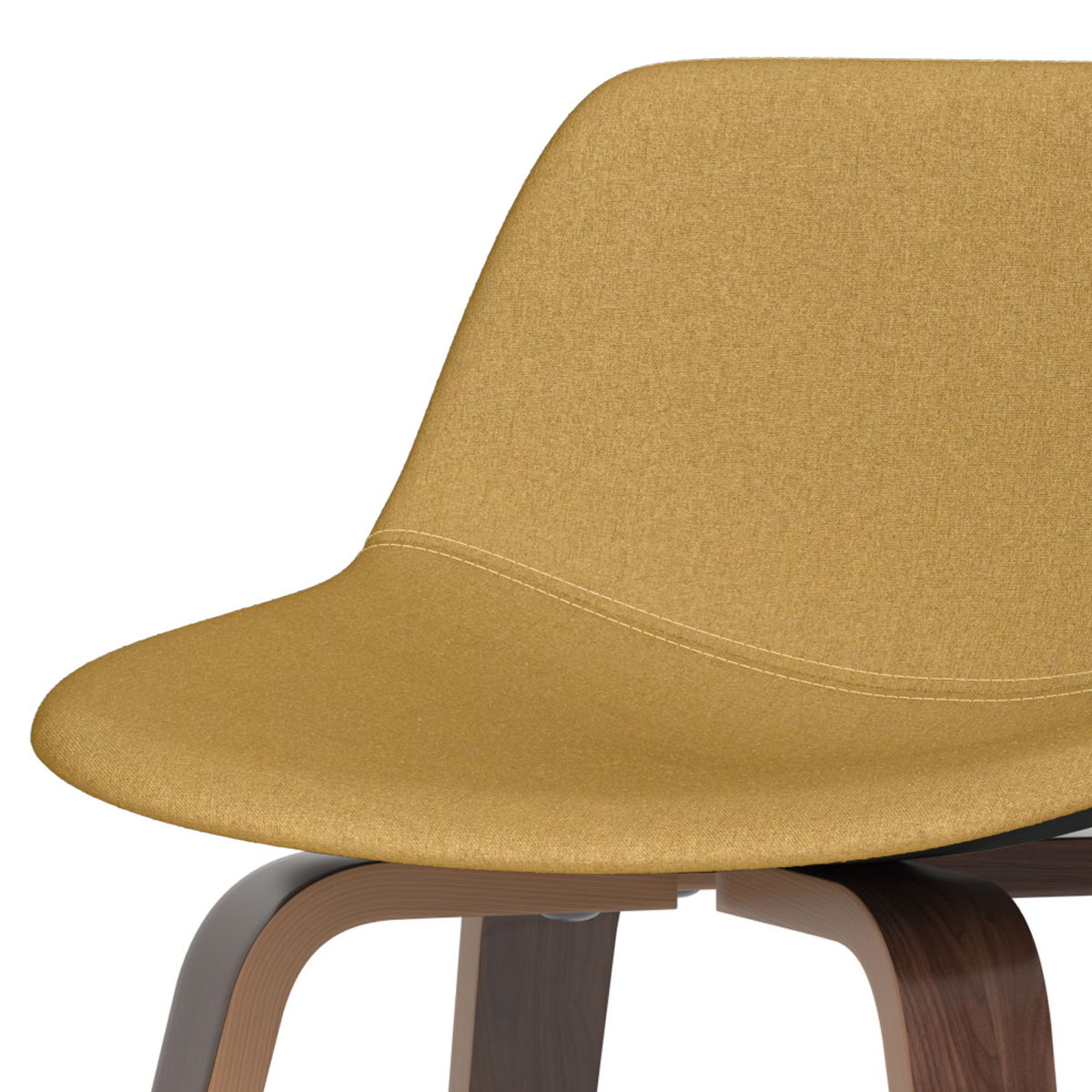 A close-up of the Randolph Bentwood Counter/Bar Height Stool (Set of 2) featuring a mustard yellow fabric seat and a curved wooden base, shown against a white background.