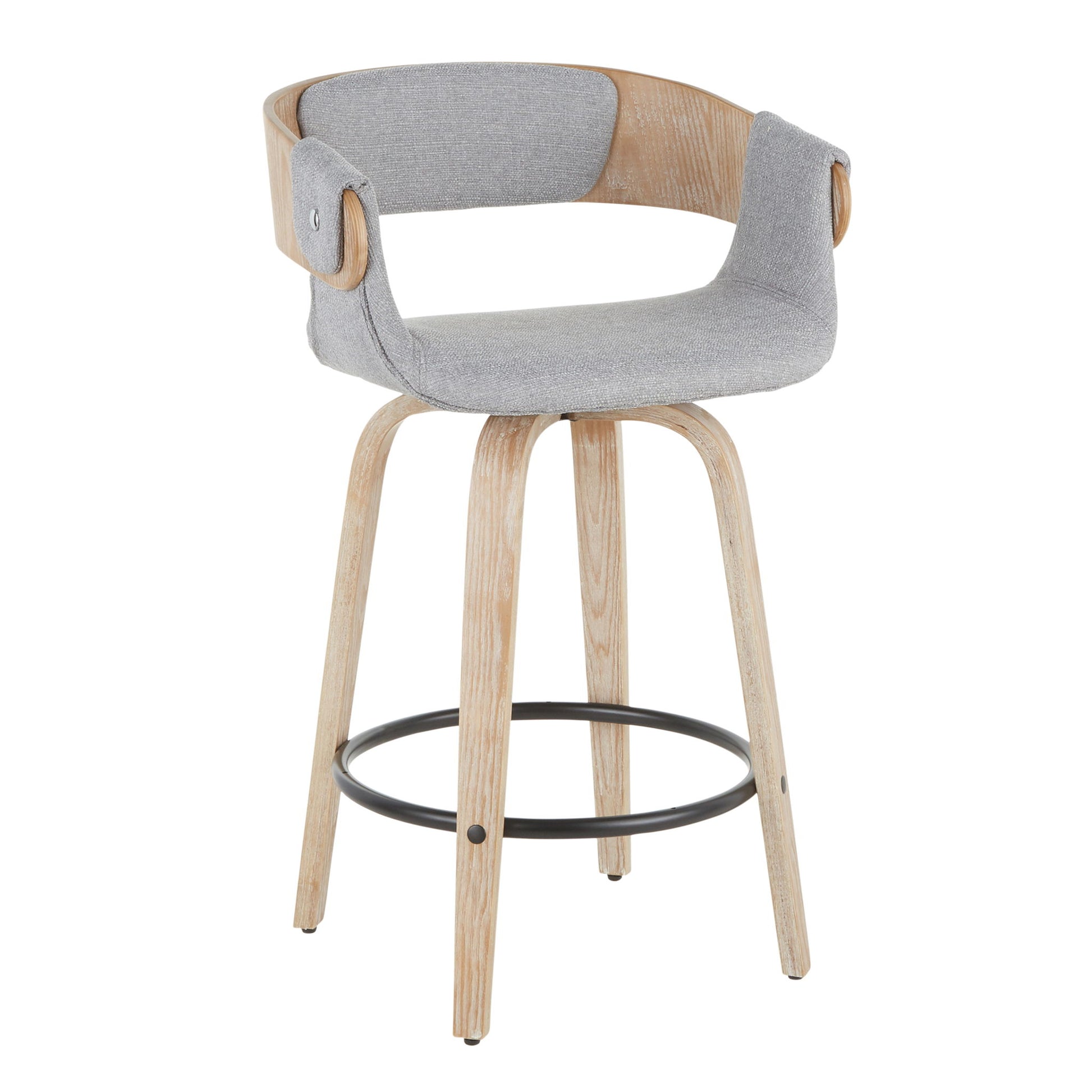 The Elisa Farmhouse Counter Stool (Set of 2) features light wood legs, a round black metal footrest, and a curved gray upholstered seat and backrest with wooden accents in a white washed/gray finish.