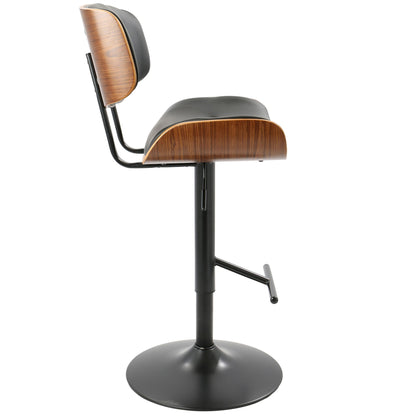 The Lombardi - Mid Century Modern Adjustable Barstool features a curved wooden backrest, black cushioned seat, metal frame with a circular base, and footrest, shown from the side against a white background.