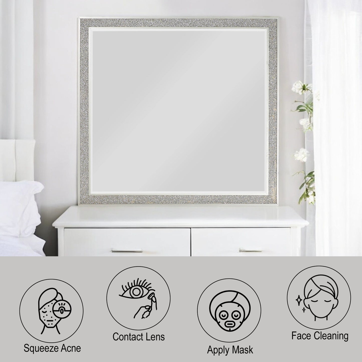 The Sliverfluff Mirror in Mirrored/Champagne sits on a white dresser in a bright room. Below, four icons labeled Squeeze Acne, Contact Lens, Apply Mask, and Face Cleaning feature simple line drawings for each activity.