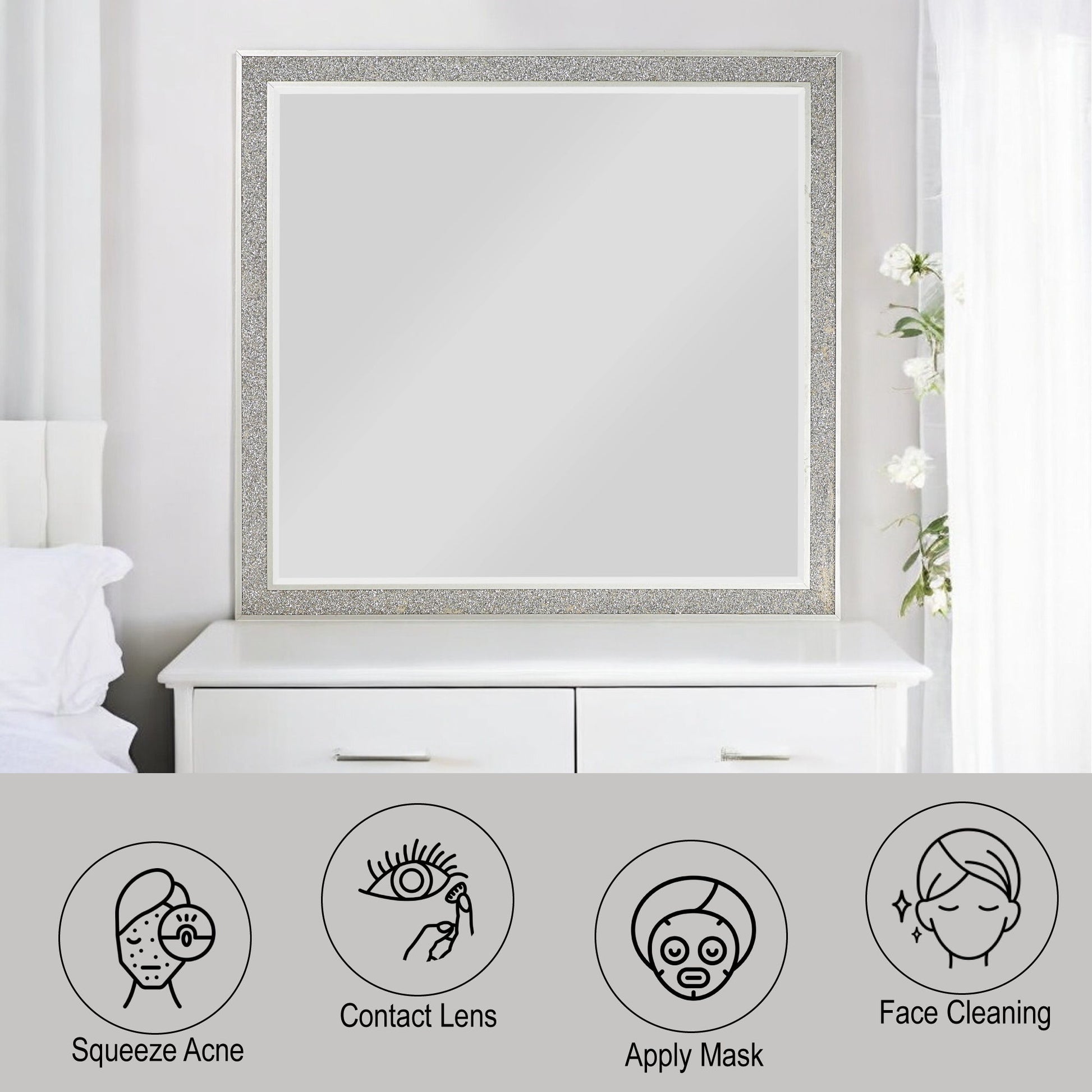 The Sliverfluff Mirror in Mirrored/Champagne sits on a white dresser in a bright room. Below, four icons labeled Squeeze Acne, Contact Lens, Apply Mask, and Face Cleaning feature simple line drawings for each activity.