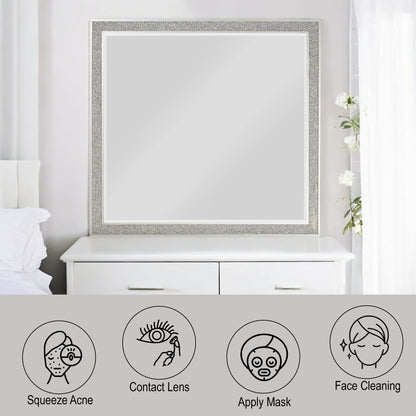 The Sliverfluff Mirror in Mirrored/Champagne sits on a white dresser in a bright room. Below, four icons labeled Squeeze Acne, Contact Lens, Apply Mask, and Face Cleaning feature simple line drawings for each activity.