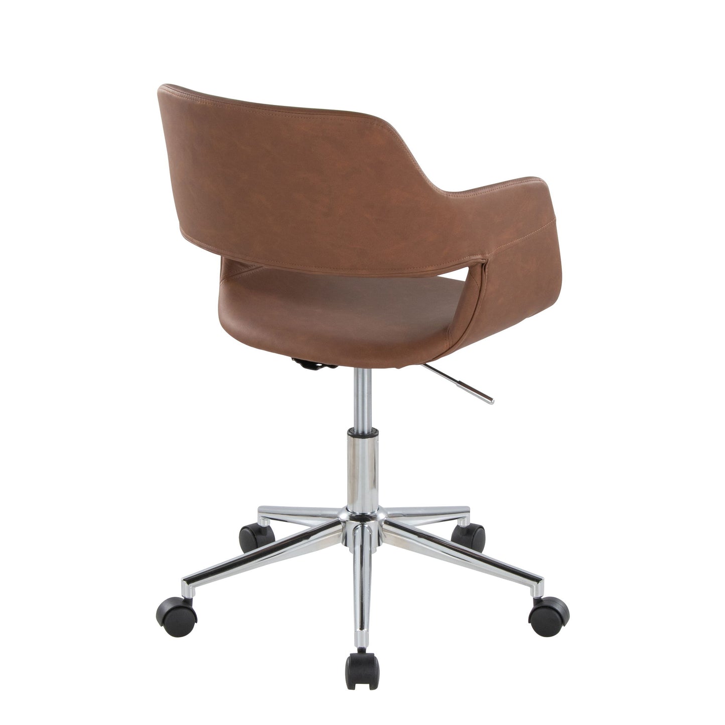 The Margarite - Contemporary Office Task Chair features brown faux leather, a curved backrest and armrests, and a five-legged metal base with wheels, shown from the back.