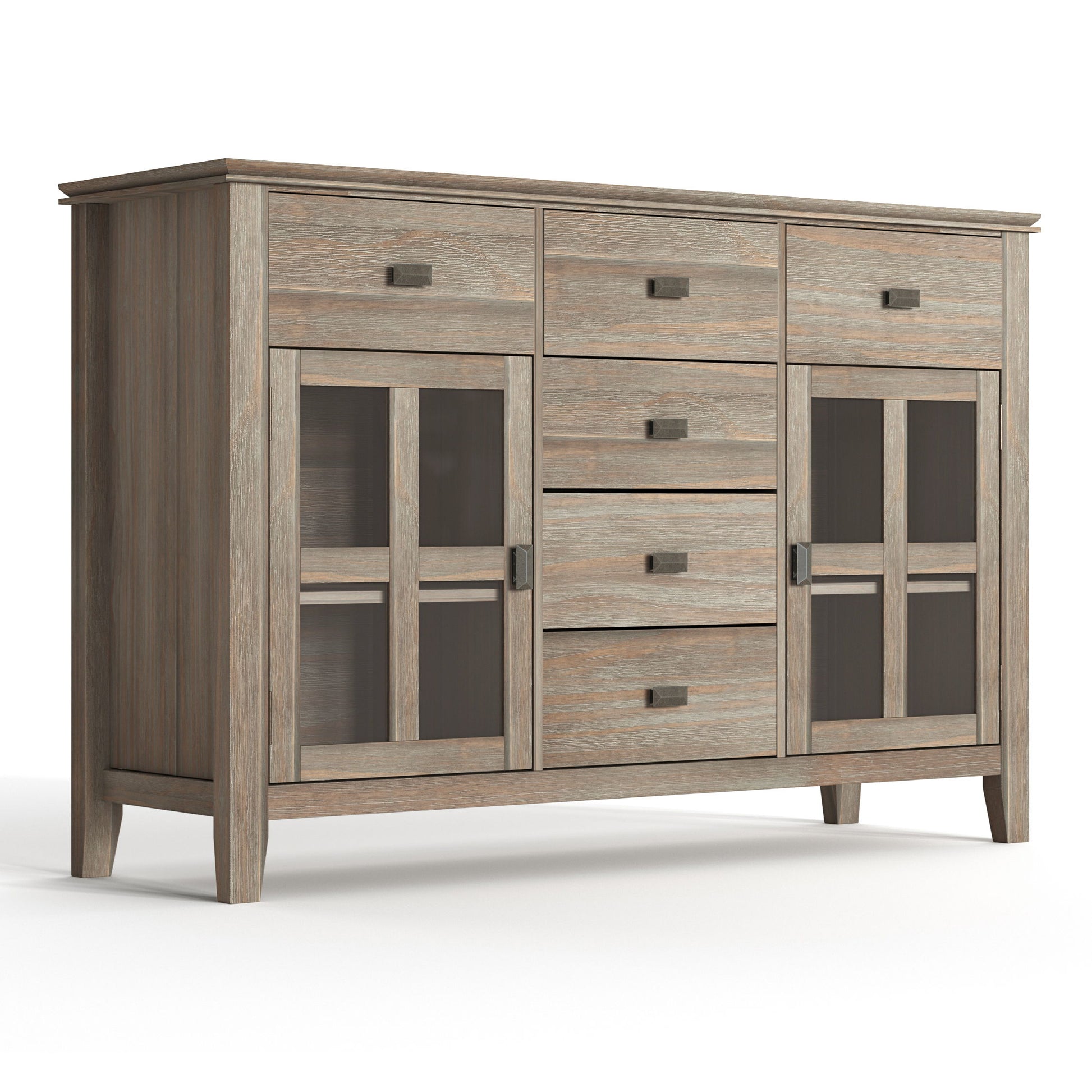 The Artisan - Handcrafted Sideboard Buffet has a light brown wooden finish, three top drawers, three lower central drawers, and two side cabinets with glass panels and interior shelves.