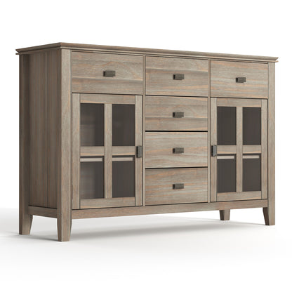 The Artisan - Handcrafted Sideboard Buffet has a light brown wooden finish, three top drawers, three lower central drawers, and two side cabinets with glass panels and interior shelves.