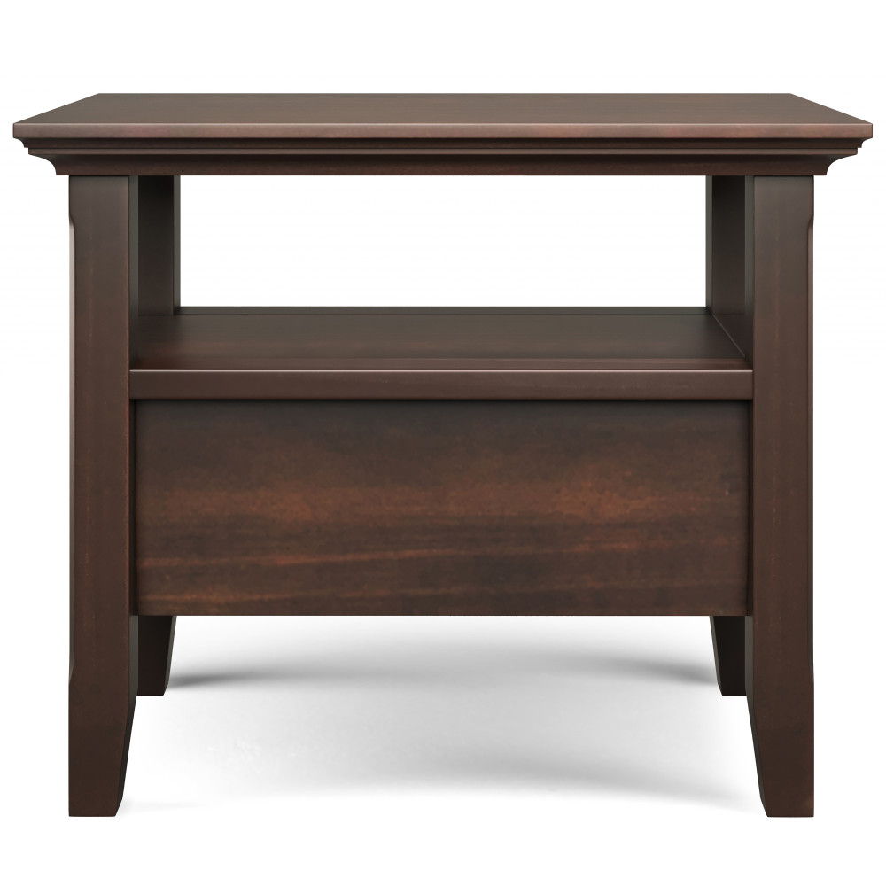 The Acadian Narrow Side Table With Drawer in brown features a rectangular top, an open middle shelf, a closed lower drawer, and simple, sturdy design with slightly tapered legs.