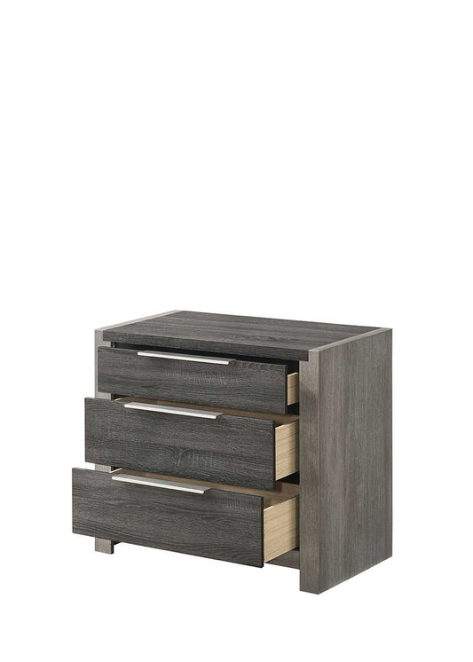 A modern Jehoram nightstand in gray with three drawers partially open, revealing light interiors, set against a white background.