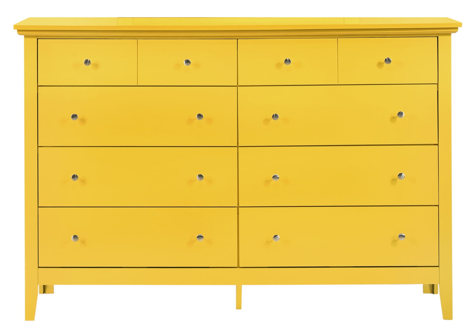 The Elegant Casual Dresser For Any Room is a bright yellow wooden piece with twelve drawers, each fitted with a small round silver knob. Its simple modern design stands on short legs, making it stylish and functional for any space.
