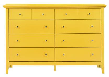 The Elegant Casual Dresser For Any Room is a bright yellow wooden piece with twelve drawers, each fitted with a small round silver knob. Its simple modern design stands on short legs, making it stylish and functional for any space.